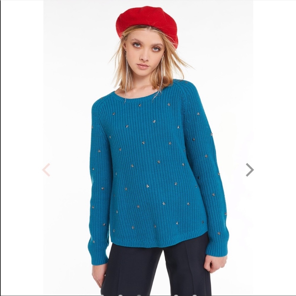 NWT WildFox Beaming Star Stud Teal Blue Studded chunky knit cozy Sweater XS